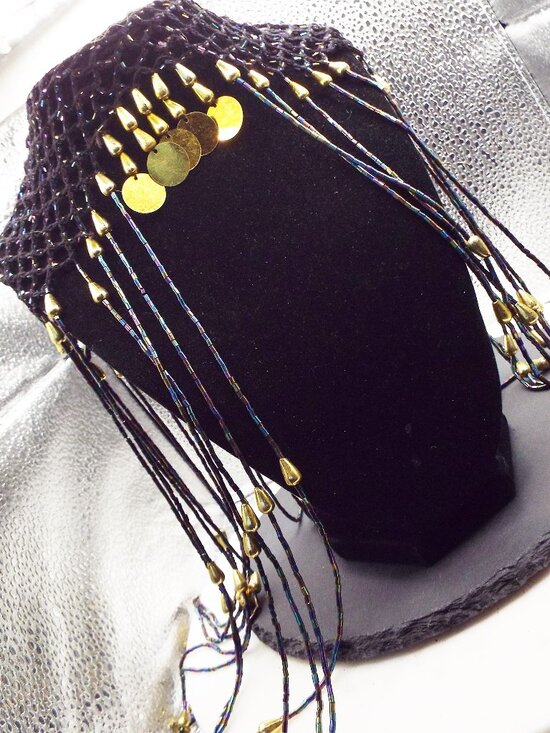 ART DECO REVIVAL GREAT GADSBY *SEXY* PEACOCK BUGEL BEAD LONG FRINGE HEAD CAP O3